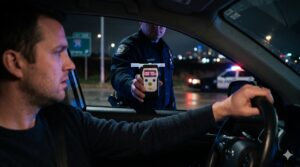 Missouri police officer holding a breathalyzer showing a 0.070% Breath Alcohol Content reading during a DWI DUI stop.