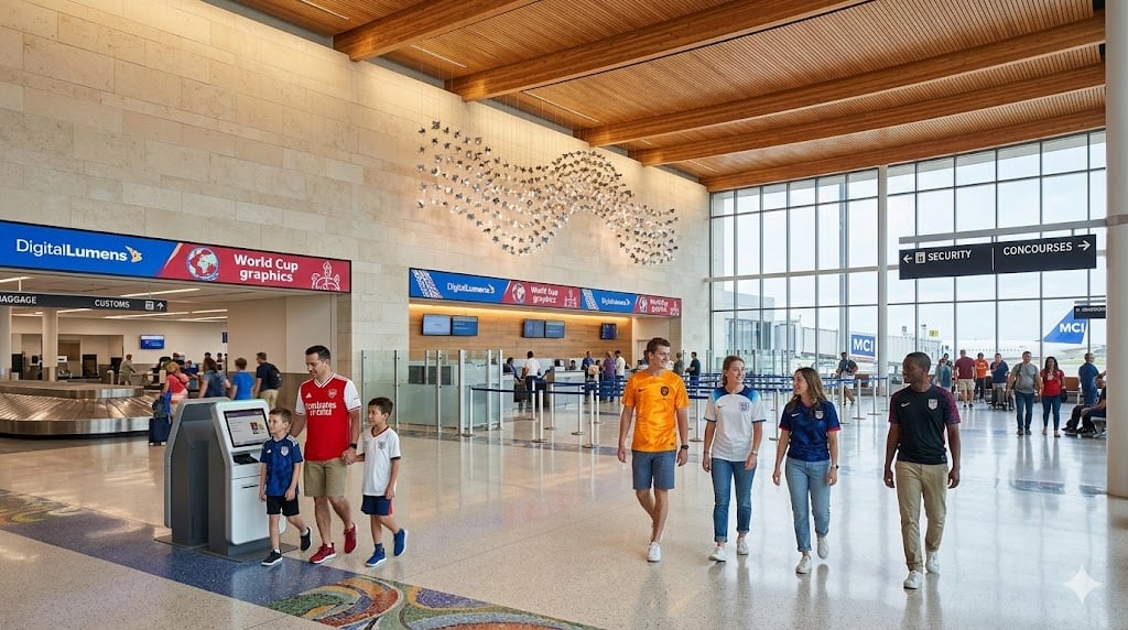 Diverse international soccer fans in Netherlands and England jerseys walking through the new Kansas City International Airport (KCI) terminal near a marked police vehicle.