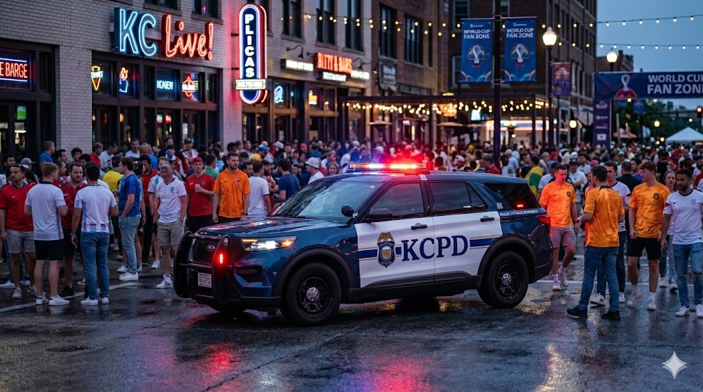 Kansas City Police Department (KCPD) cruiser with flashing emergency lights parked outside the Power and Light District at dusk, with thousands of international fans (wearing Netherlands, England/UK, and USA jerseys) filling the 'KC Live!' block in the background.