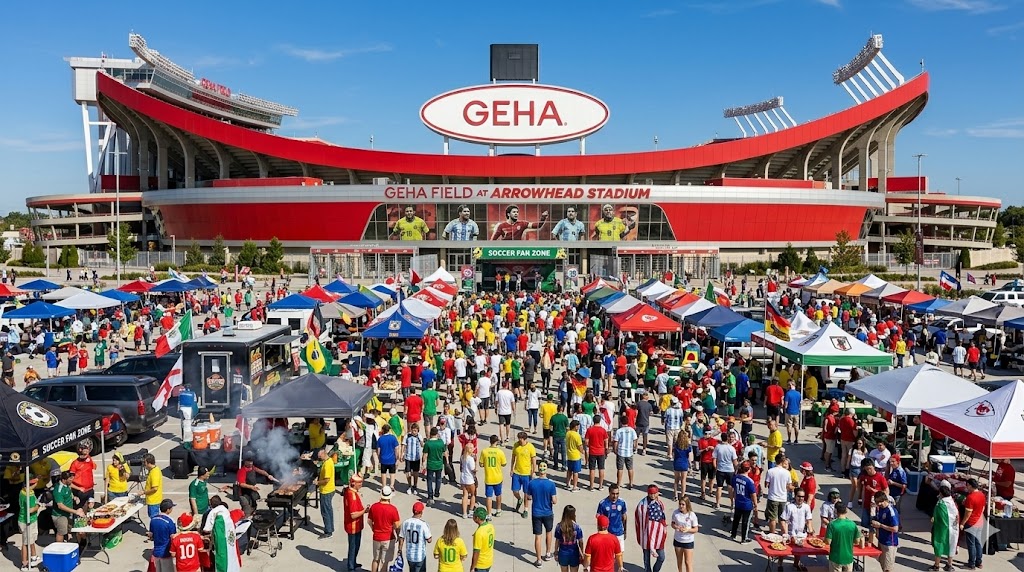 Aerial view of GEHA Field at Arrowhead Stadium with thousands of fans dressed in international soccer jerseys tailgating in the parking lots before a 2026 World Cup match.