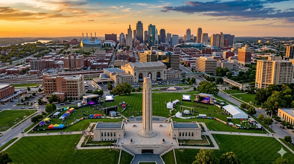 Aerial view of the 2026 World Cup Fan Fest at the WWI Museum and Memorial looking toward downtown Kansas City.