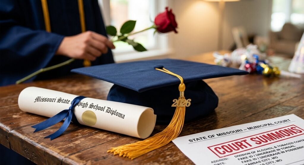 Missouri Fake ID ticket and state court summons next to a high school graduation cap.