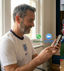 Fan in England jersey having a remote legal consultation via phone