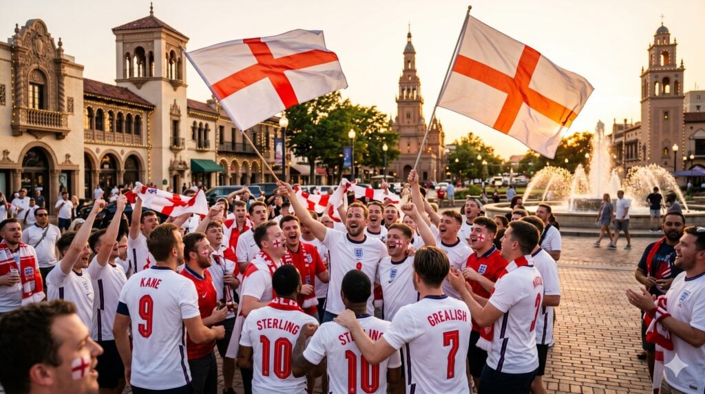 England National Football Team fans celebrating during the 2026 World Cup in Kansas City.